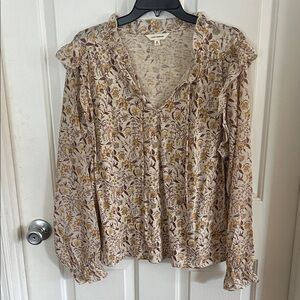 Lucky Brand Cream Floral Ruffle Blouse with Yellow & Brown Accents